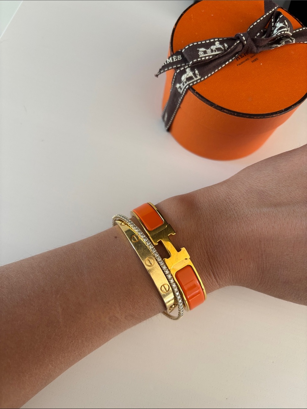 Hermes Orange Enamel H Bracelet with Gold Hardware